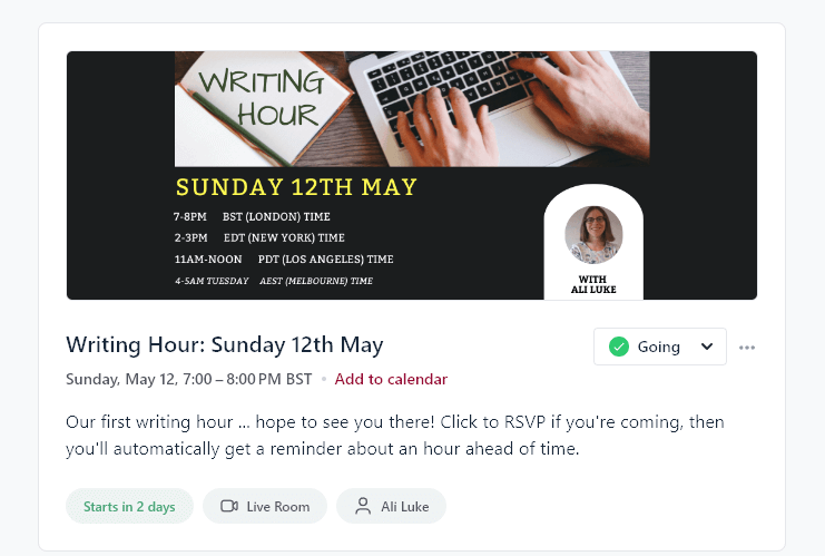 Screenshot of the writing hour for 13th May, scheduled in the Writers' Cafe