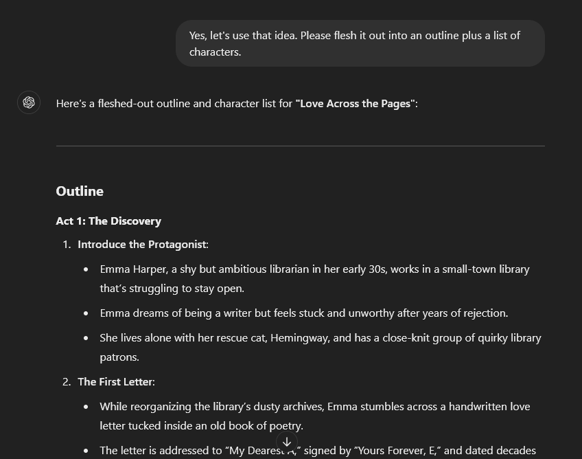 Screenshot of ChatGPT outlining a novel