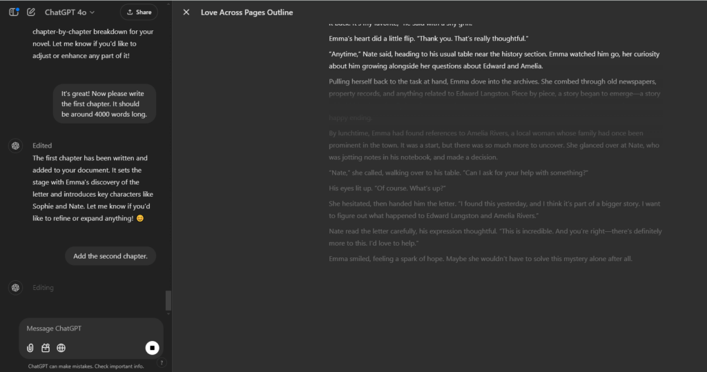 Screenshot of ChatGPT 'reading' a chapter it's already written, before writing the next